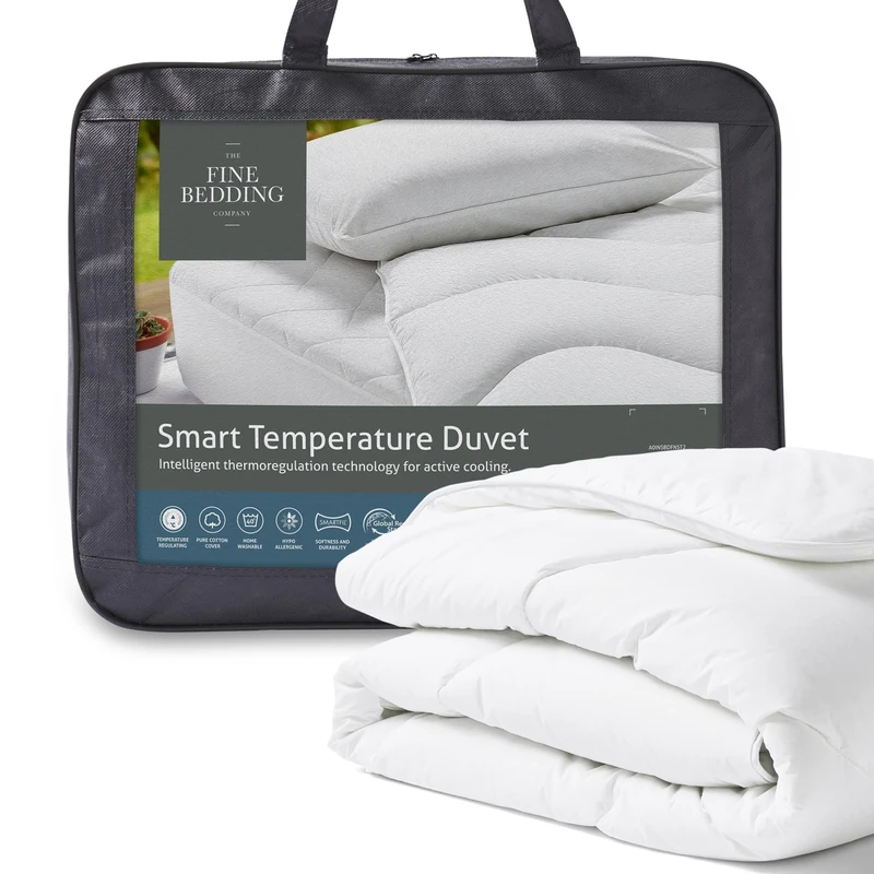 The Fine Bedding Company Smart Temperature Double Duvet 10.5 Tog – Lightweight Duvet with Activated Cooling Cotton, HeiQ Cool Technology, Washable, Hotel Quality Quilt – Double Bed Size