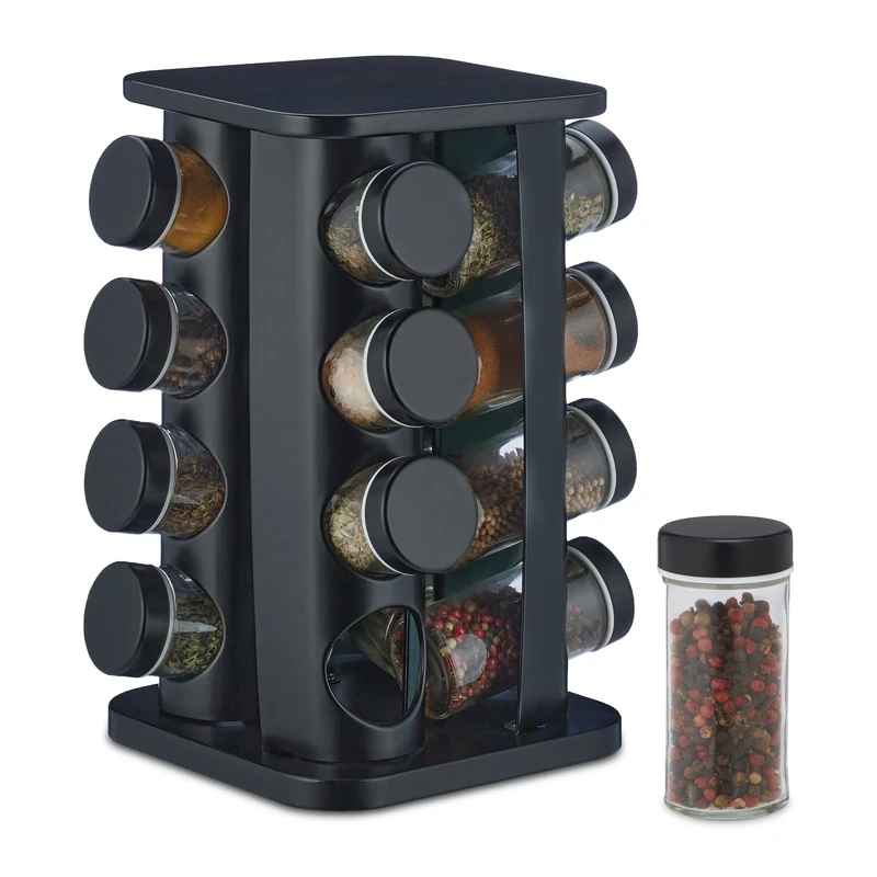 Relaxdays Spice Rack, 16 Glass Jars, Rotatable, Stainless Steel, H x W x D: 27.5 x 20 x 20 cm, Black, 70% 30%