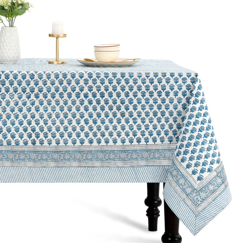CPC COTTON PRINT CLUB Apatite Blue Indian Hand Block Printed 100% Cotton Linen Tablecloth, Housewarming, Wedding, in Multiple Sizes-10-Seater 70 x118 Inch