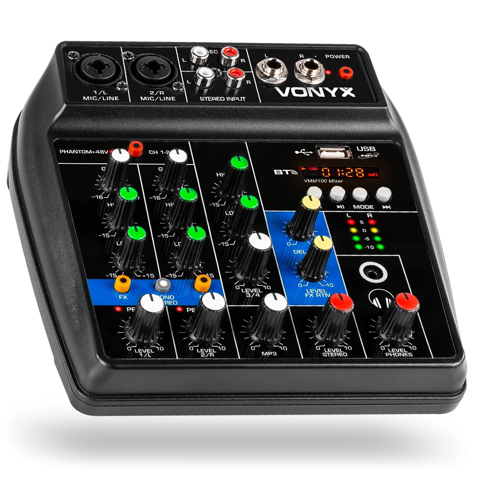 VONYX VMM100 3-Channel PA Mixer with Bluetooth & USB - Compact Audio Mixing Desk, 2-Band EQ, Phantom Power, Built-in Delay FX, Ideal Music Mixer for Studio, Karaoke, Live Events, Small PA Mixers