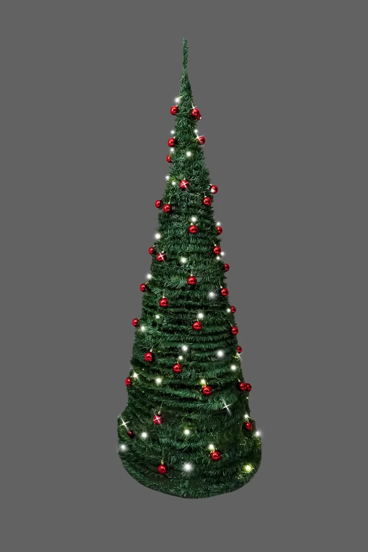 6Ft/180cm Prelit Pre Decorated Pop up Christmas Tree Xmas Home Indoor LED Warm White Lights Red Baubles Decorations