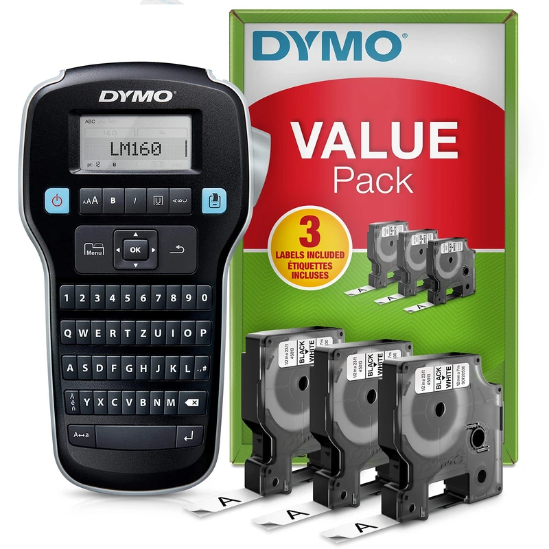 DYMO LabelManager 160 Portable Labelling Device Starter Set, Labelling Device with QWERTZ Keyboard and Easy Text Editing, with 3 Rolls, for D1 Labels in 6, 9 and 12 mm Widths