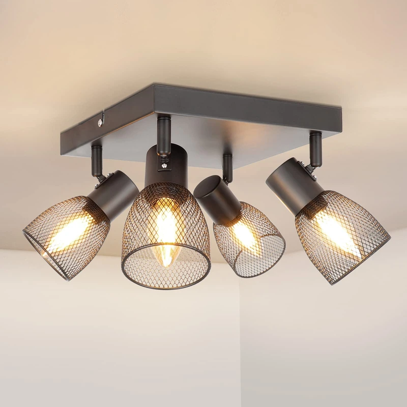 Dehobo Spot Light Fittings for Ceilings Adjustable Metal Mesh Shade Kitchen Lights Ceiling Spotlights with E14 Base Black 4 Way Ceiling Light Industrial for Indoor Bedroom Hallway Living Room Shop