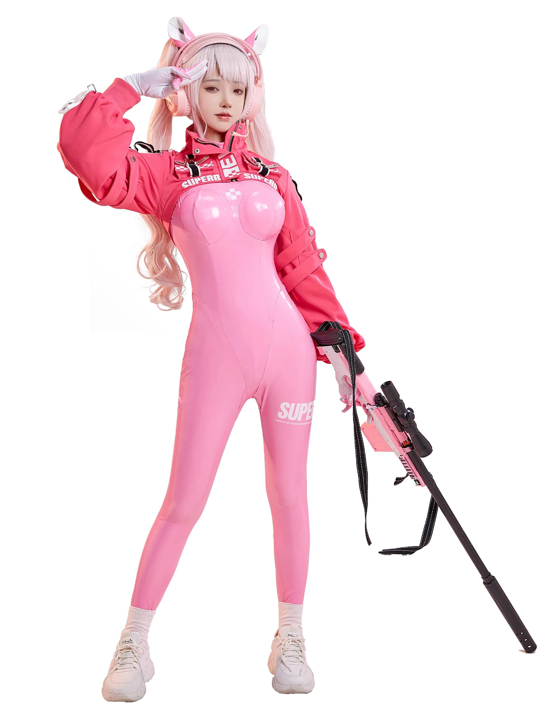 Cosplay.fm Women’s Game Cosplay Costume Bodysuit with Ear Gloves (pink, S)