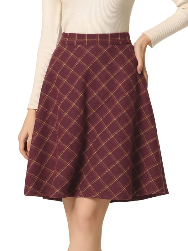 Allegra K Women's Plaids Vintage Tartan Elastic Waist Knee Length A-Line Skirt, Burgundy, S - Image 1