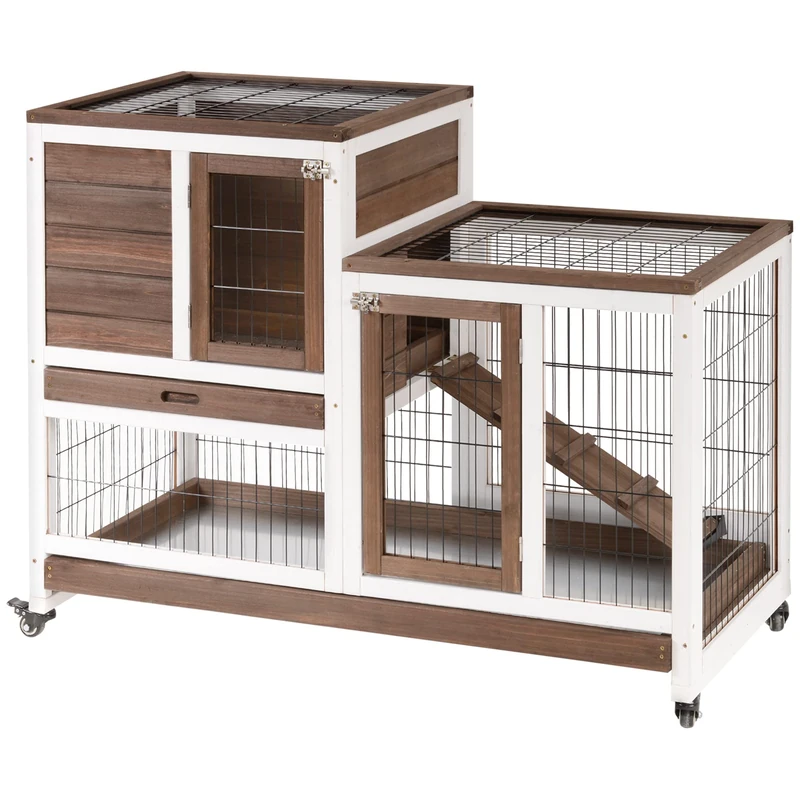 PawHut Wooden Indoor Rabbit Hutch Guinea Pig House Bunny Small Animal Cage W/Wheels Enclosed Run 110 x 50 x 88 cm, Brown