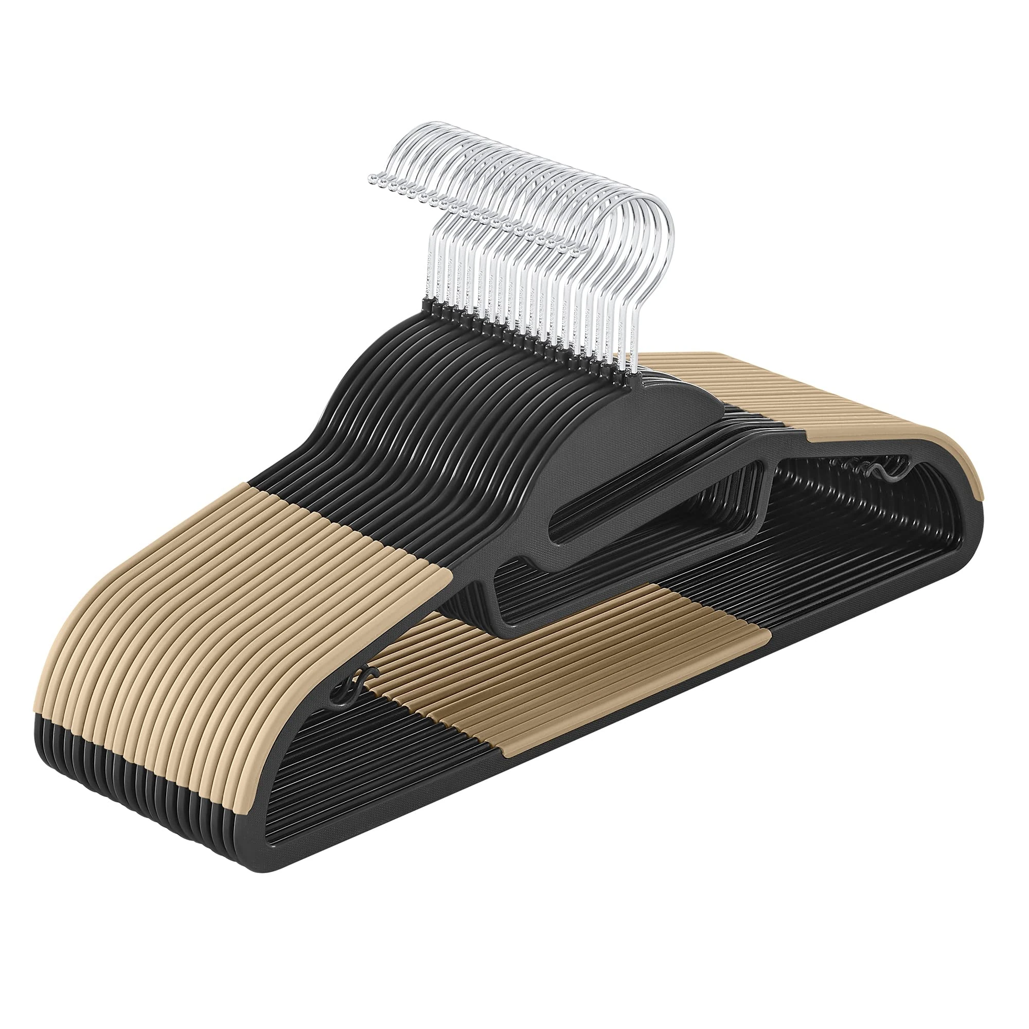 SONGMICS Set of 20 Plastic Hangers, Coat Hangers with U-Shaped Opening, Space-Saving, 0.5 cm Thick, 41.5 cm Long, 360° Swivel Hook, Black and Brown CRP041B02