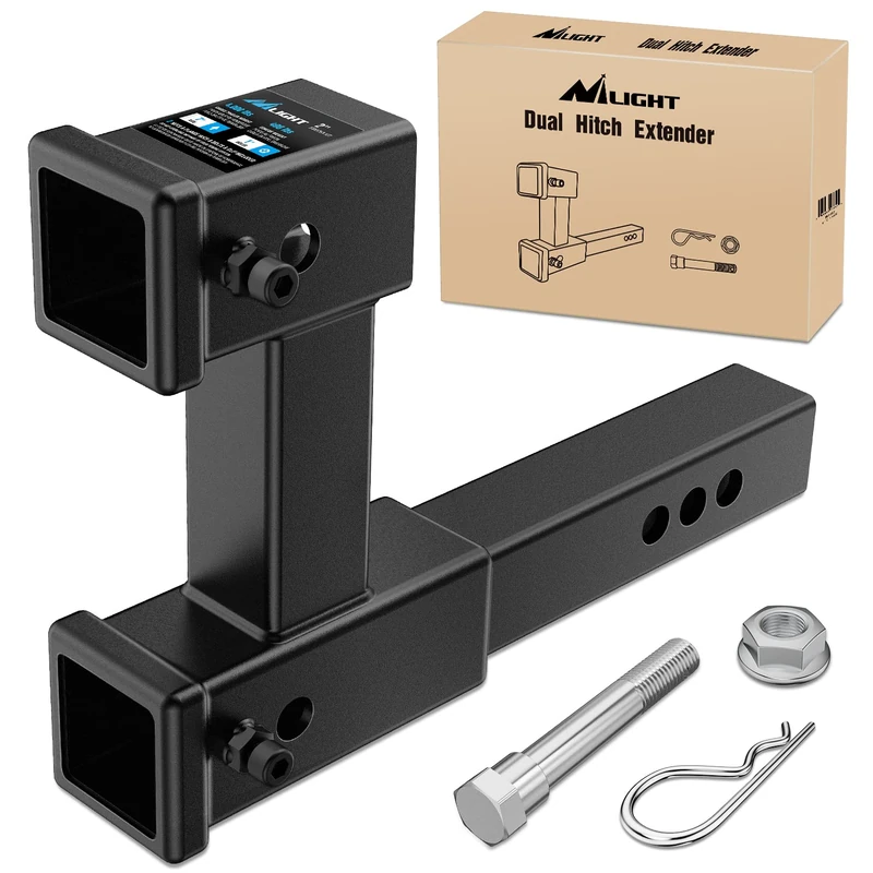 Nilight Dual Hitch Extension with Bolt Nut Kit Fits for 2 inch Receiver Extender to 10 inch Max Length Adjust 7-1/2" Riser or Drop 4,000 lbs GTW, 2 Years Warranty