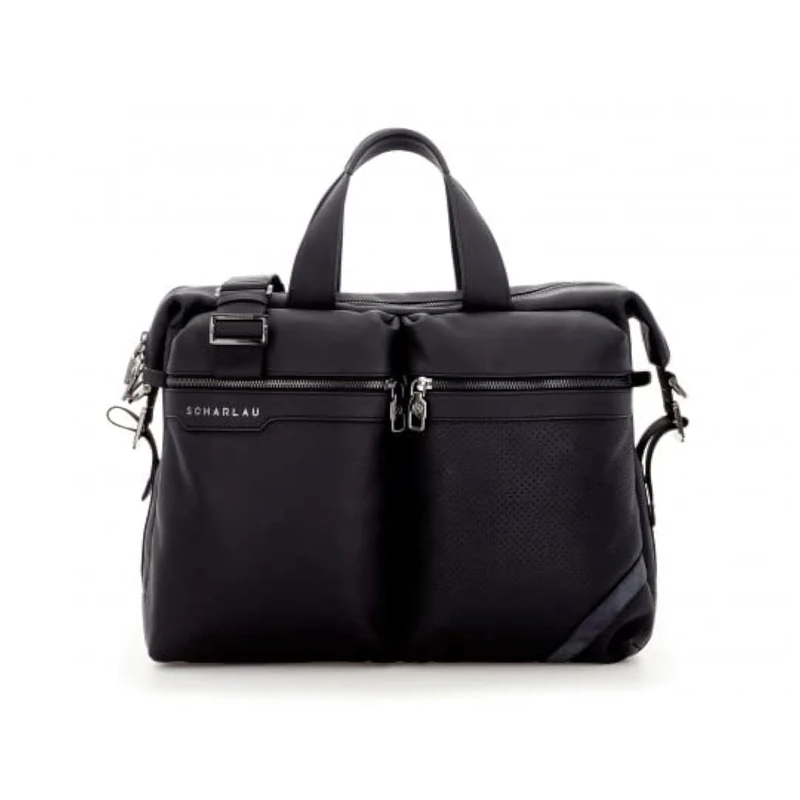 SCHARLAU Men's Wallenda Black Leather Briefcase BR10-L02BK, black, 42 x 28 x 10 cm, Briefcase