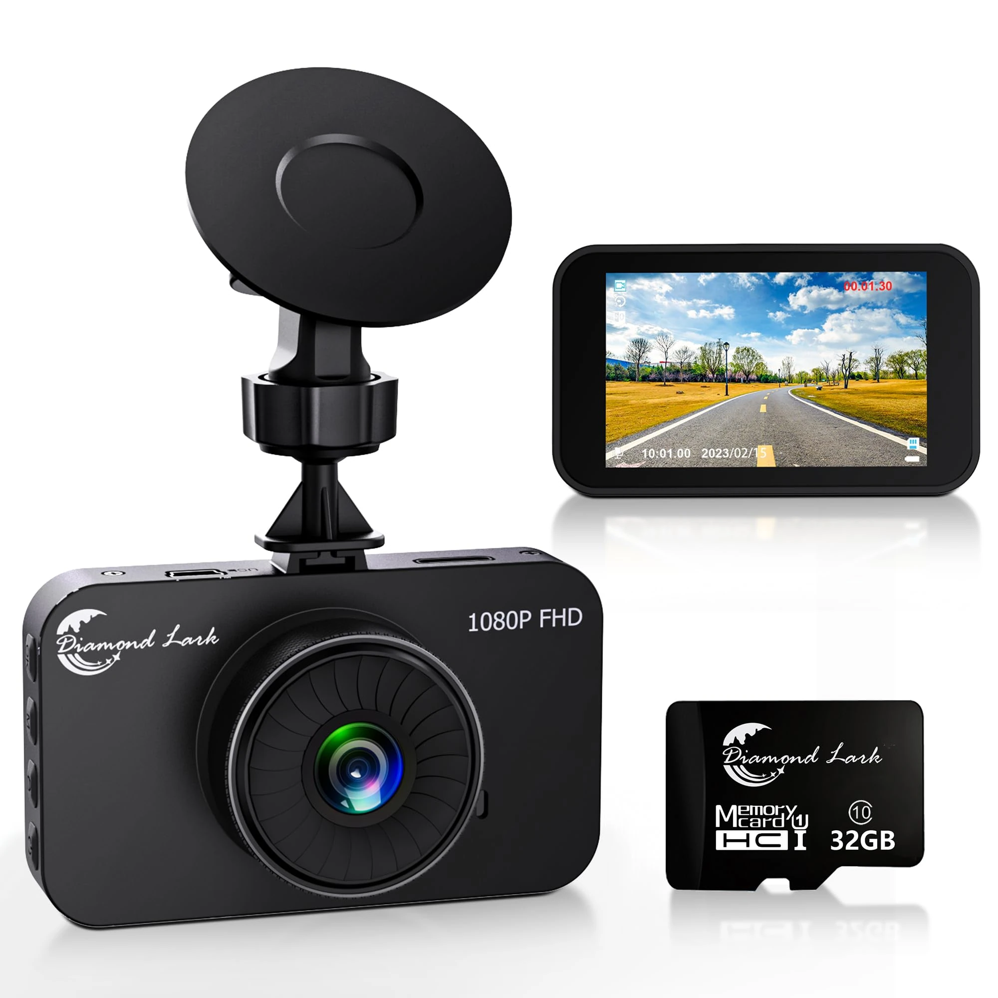 1080P Full HD DashCam for Cars, Diamond Lark Dash Cam Front with 32G SD Card, 3”LCD Screen, 170°Wide Angle, Dash Camera with Loop Recording, HDR, Night Vision, G-sensor, Parking Monitor