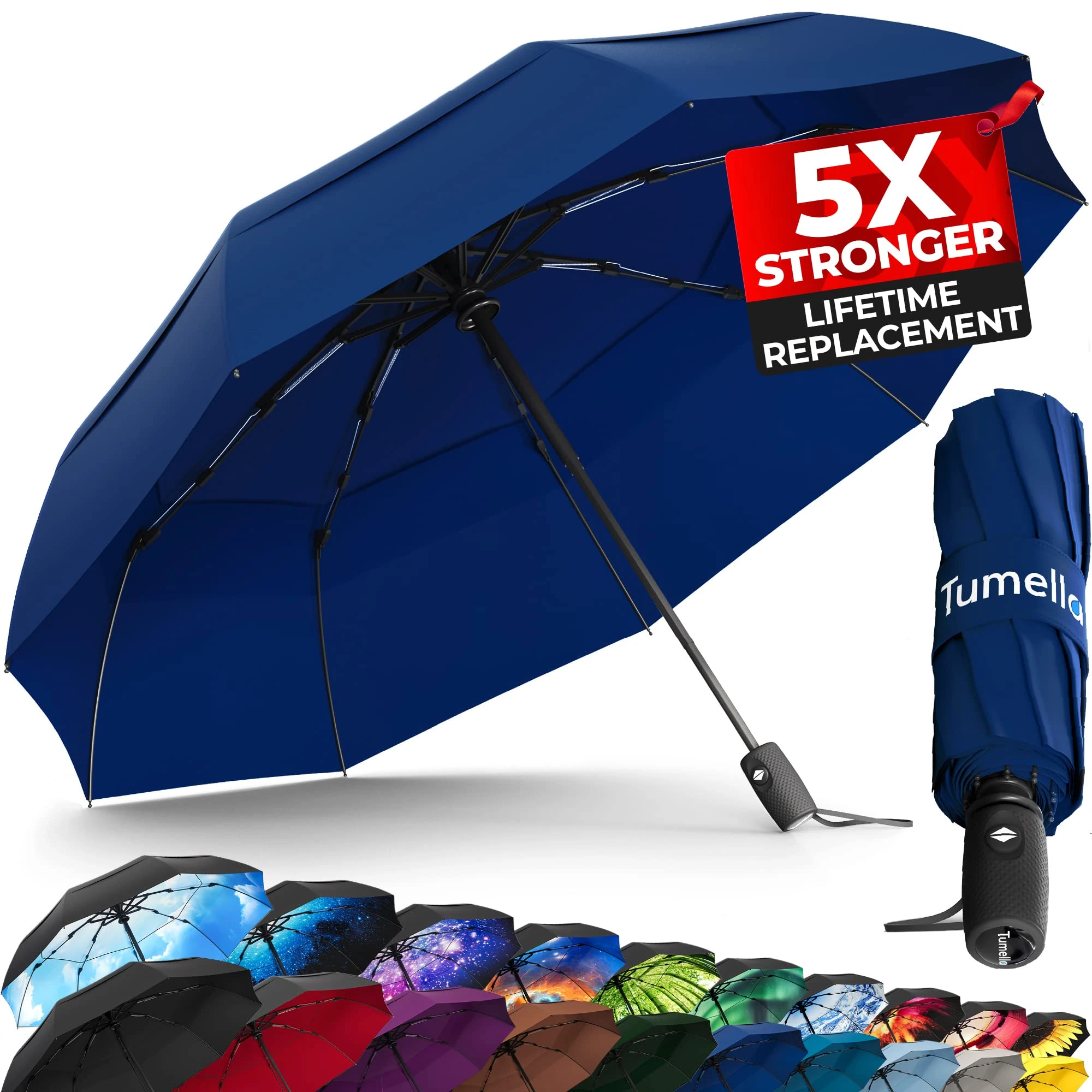 TUMELLA Strongest Windproof Travel Umbrella (Compact, Superior & Beautiful), Small Strong but Light Portable and Automatic Folding Rain Umbrella, Durable Premium Grip, Fits Car & Backpack Navy Blue