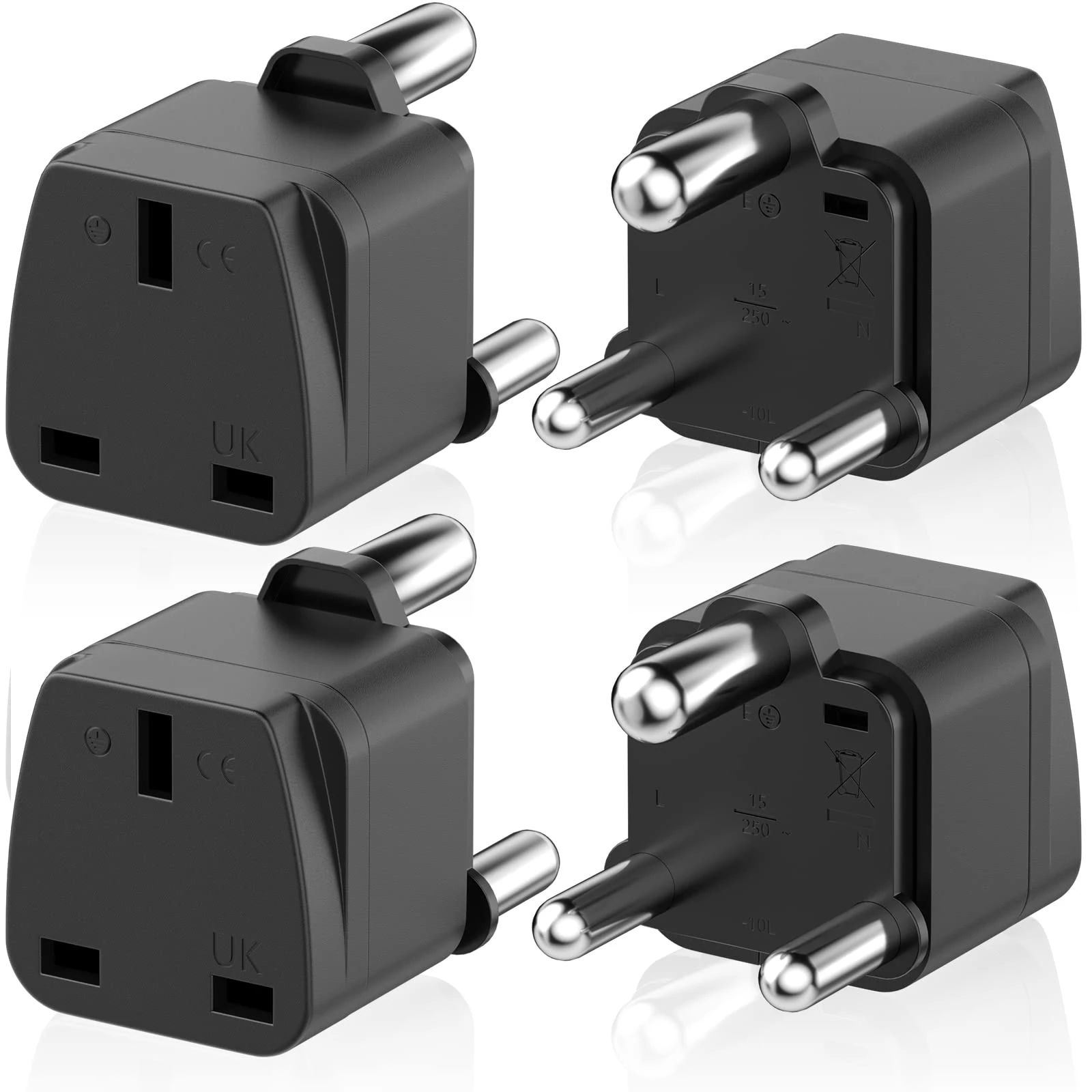 KEAGAR Pack of 4 Black 3-Pin South Africa M-Type Plug Adapters, 240V, 13A, 2500W, Type M, Travel Adapter, Power Converter