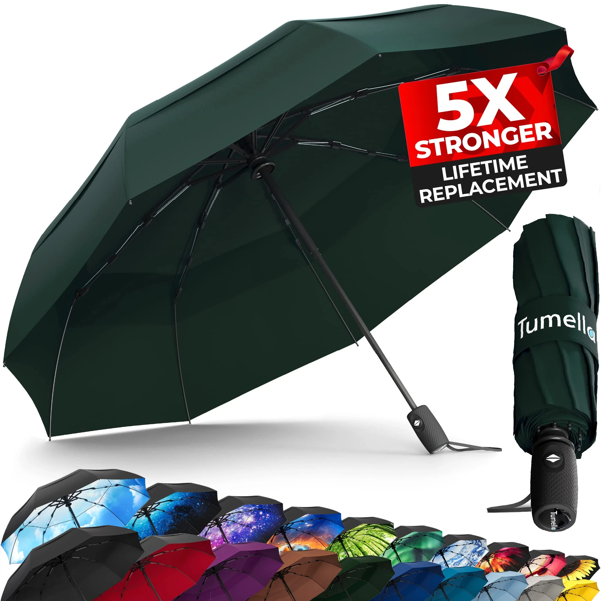 TUMELLA Strongest Windproof Travel Umbrella (Compact, Superior & Beautiful), Small Strong but Light Portable and Automatic Folding Rain Umbrella, Durable Premium Grip, Fits Car & Backpack Green