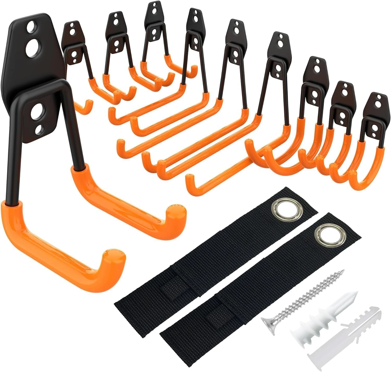 Steel Garage Storage Hooks - 12 Pack Anti-Slip Coating, Heavy Duty Wall Mount Hooks for Hanging Bike, Ladder, Garden Tools (Orange)