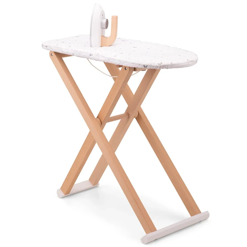 New Classic Toys Wooden ironing board including a removable fabric ironing board cover and a wooden iron