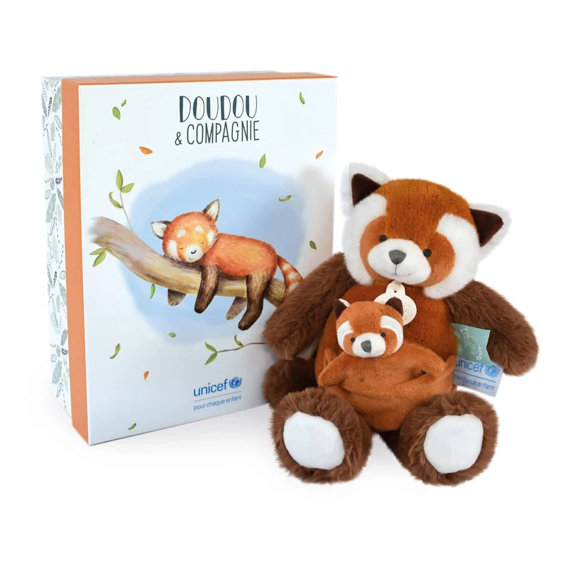 Doudou et Compagnie Plush Panda Red with Baby - 25 cm - Colour Brown - Unicef Collection - With Gift Box - Gift Idea for Babies - DC3985