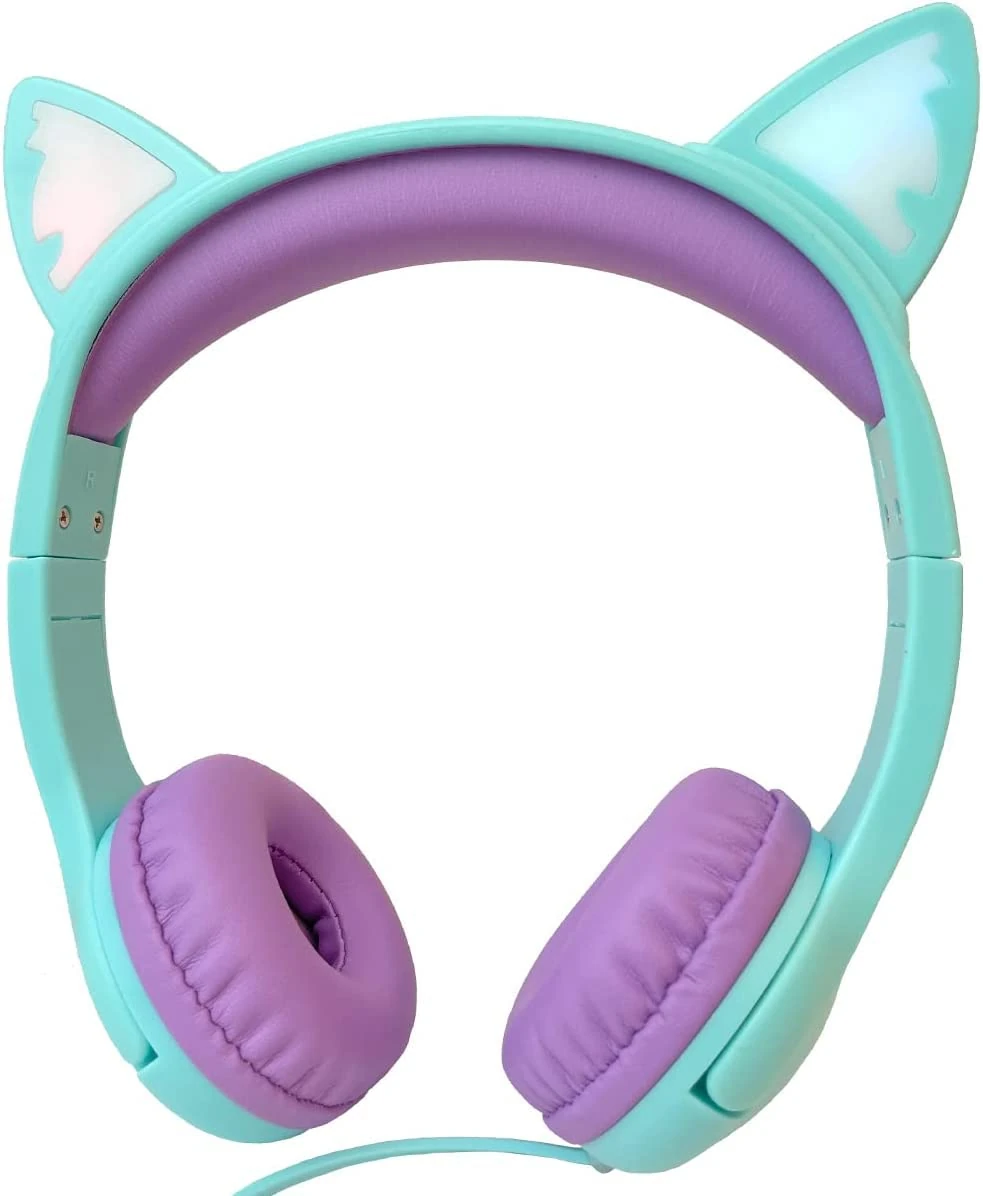 Olyre Kids Headphones, Girls Headphone Cat Ears LED Light Up Safe Volume Limited 85dB for Children Wired On Ear Toddler Earphones for Laptop/Tablet/Online/School/Travel Green/Purple