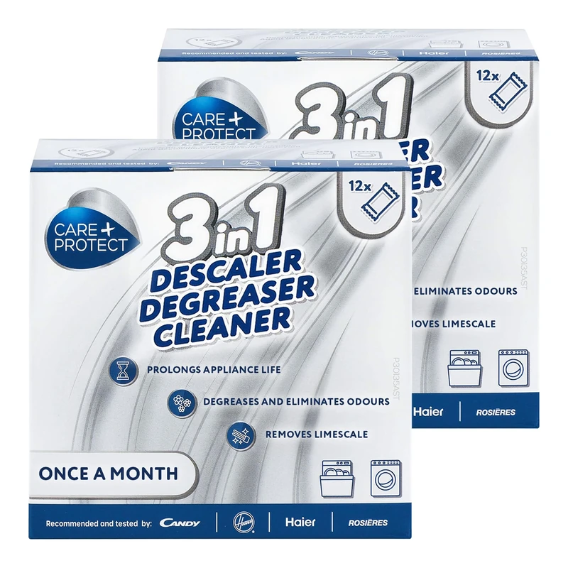 Care+Protect 3 in 1 Washing Machine - Dishwasher Cleaner - Limescale Remover - Degreaser - Hygienic Cleaner - Universal - 24 Months Supply - Maxi Pack