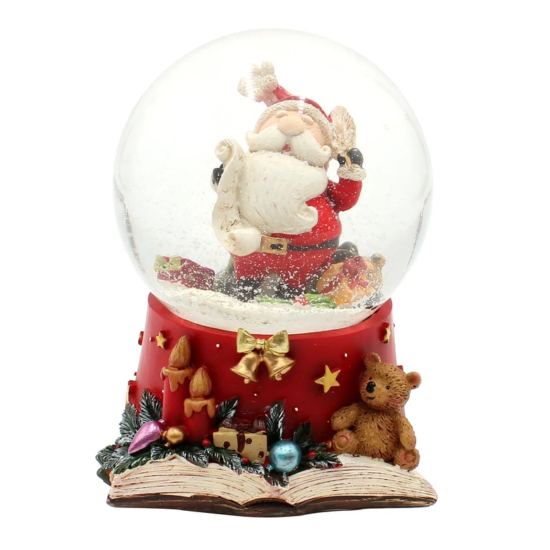 Dekohelden24 Large Snowball, Santa Claus with Feather and Wish List, with Sound, on Carefully Decorated Base, Dimensions L/B/H: 10 x 10 x 14 cm ball Ø 10 cm