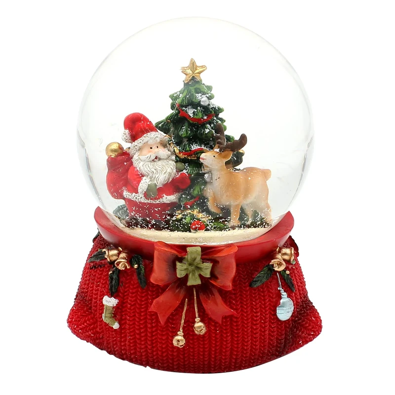 Large Snow Globe, Santa Claus with Deer and Christmas Tree, with Sound, on Elaborately Decorated Base, Dimensions (L x W x H): 10 x 10 x 14 cm, Ball Diameter 10 cm