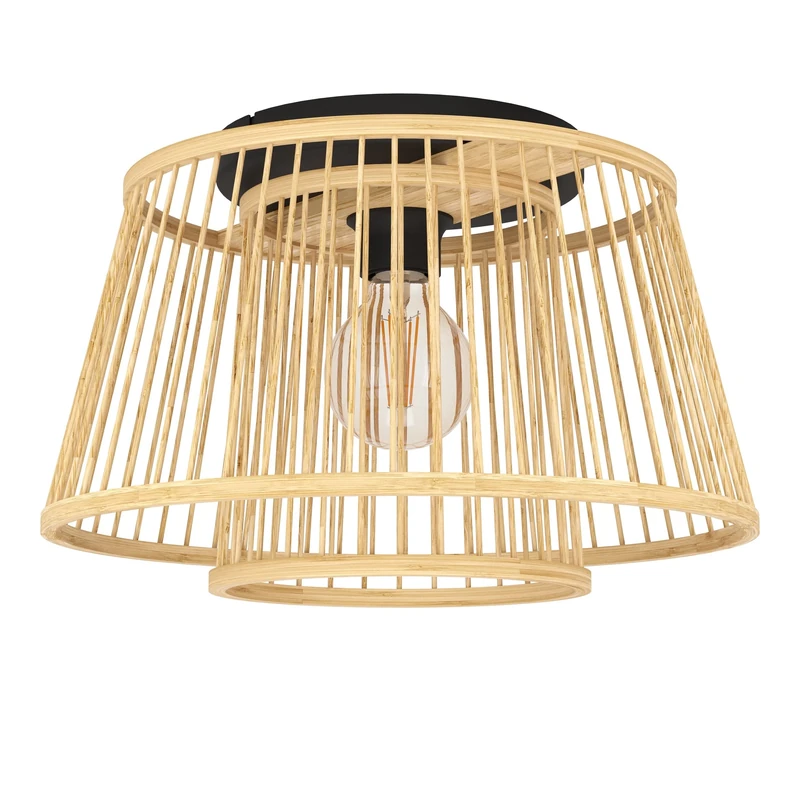 Eglo Ceiling Light Fitting Hykeham, Flush Mount lamp with 2 Bamboo lampshades, Boho Style Living Room Lighting Made of Natural Wood and Black Metal, E27 Socket