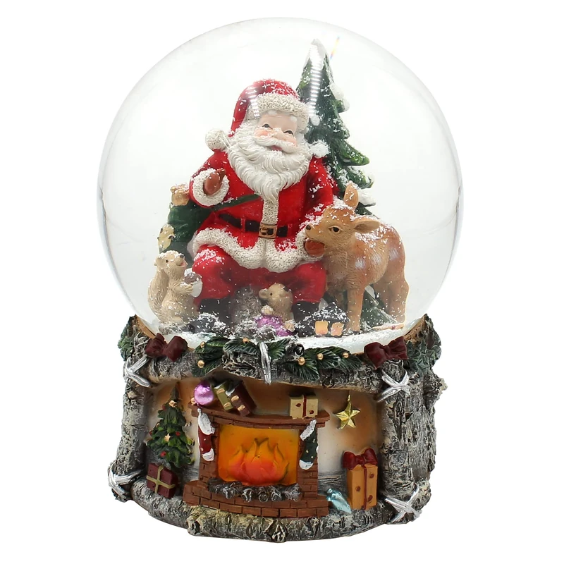 XXL Snow Globe, Santa Claus with Deer and Christmas Tree, with Sound, on Elaborately Decorated Base, Dimensions (L x W x H): 15 x 15 x 20 cm, Ball Diameter 15 cm