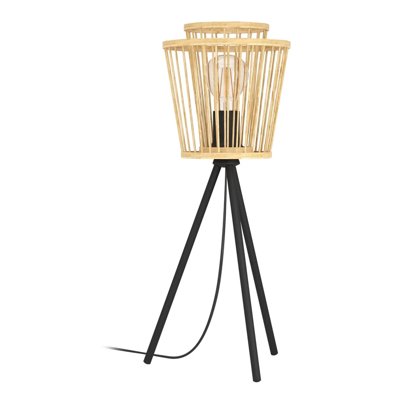Eglo Tripod Bedside lamp Hykeham, Boho Style Side Table Light, Decorative Living Room and Bedroom Lighting Made of Natural Bamboo Black Metal, E27 Socket