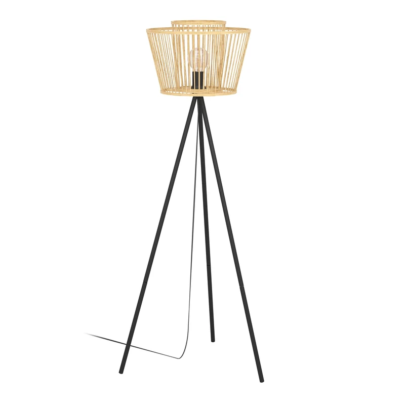 Eglo Tripod Floor lamp Hykeham, Standing Light Made of Natural Wood and Black Metal, Bohemian Living Room Lighting, Bamboo floorlamp with Switch, E27 Socket