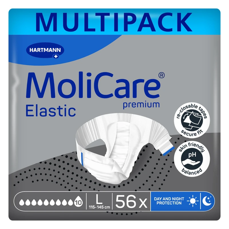 MoliCare Premium Elastic Adult Nappies – 10 Drop | Highly Absorbent Disposable Night-Time Nappies for Men & Women with Very Severe Incontinence | Size L | 4 Packs of 14 (56 Pieces)