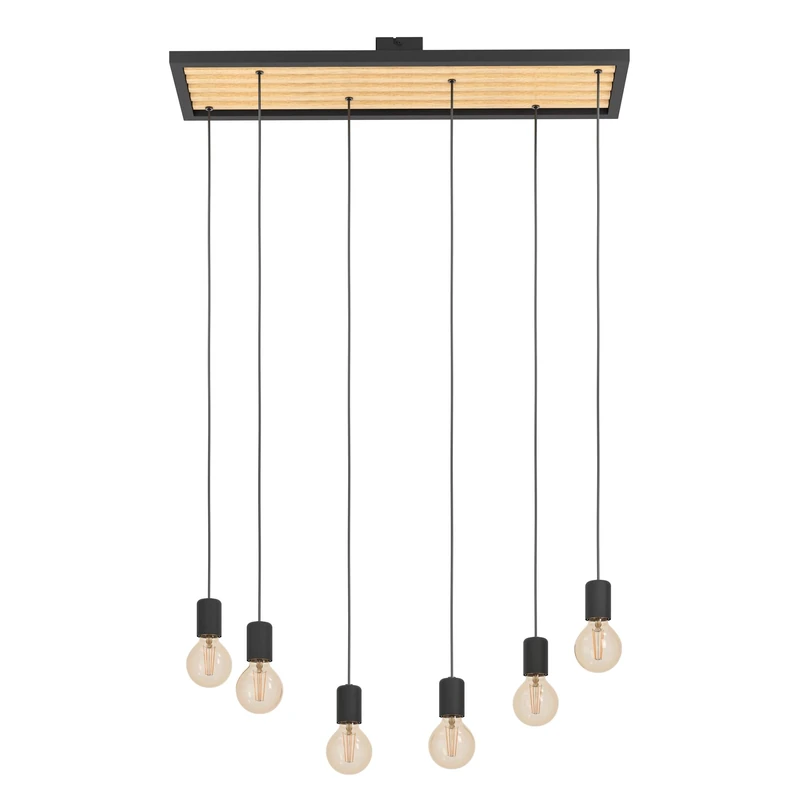 Eglo Pendant Lighting Consett, 6 lamp Ceiling Light Fitting, Hanging for Dining and Living Room, FSCM70HB, Wood Metal in Black, E27 Socket