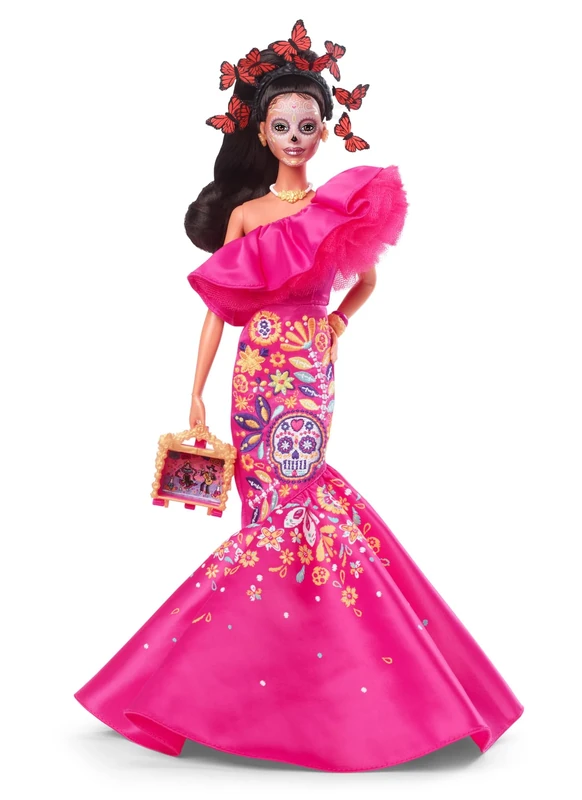 2023 Día De Muertos Barbie Doll Wearing Ruffled Pink Gown and Holding Tiny Ofrenda, Barbie Signature, HJX14