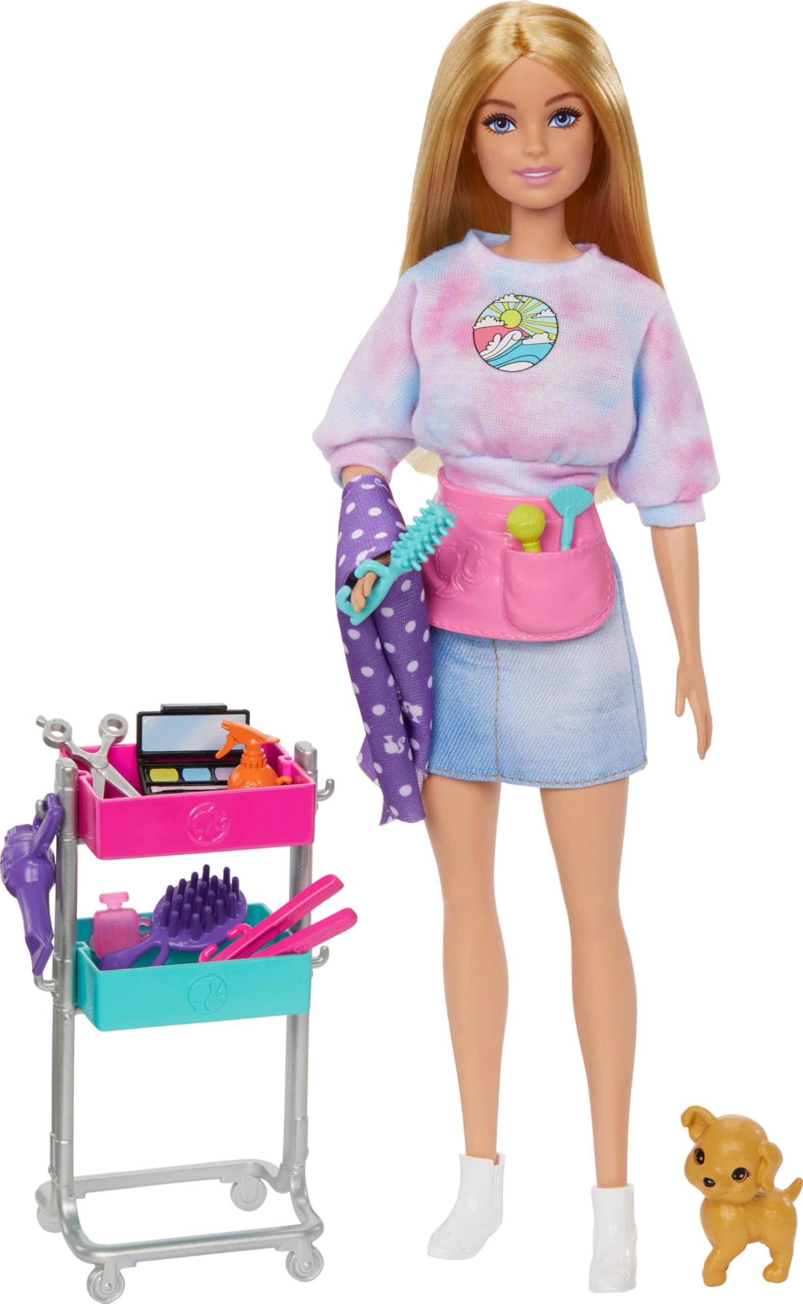 Barbie Stylist Doll & 14 Accessories, Blonde Barbie 'Malibu' Fashion Doll On-set with Cart, Smock, Makeup Palette, Pet Puppy & More, HNK95