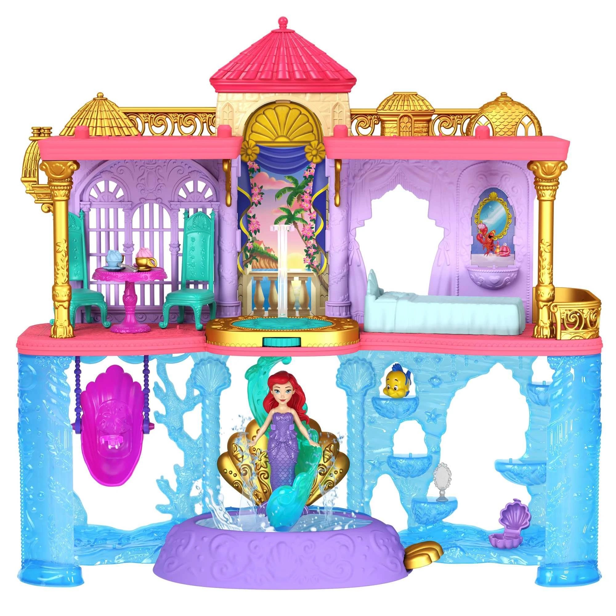 Mattel Disney Princess Ariel's Land & Sea Castle, Includes Ariel Doll with Red Hair and Colour-Changing Mermaid Fin, Flounder Pet, Pool, 10 Doll Accessories, Toys for Ages 3 and Up, Playset, HLW95