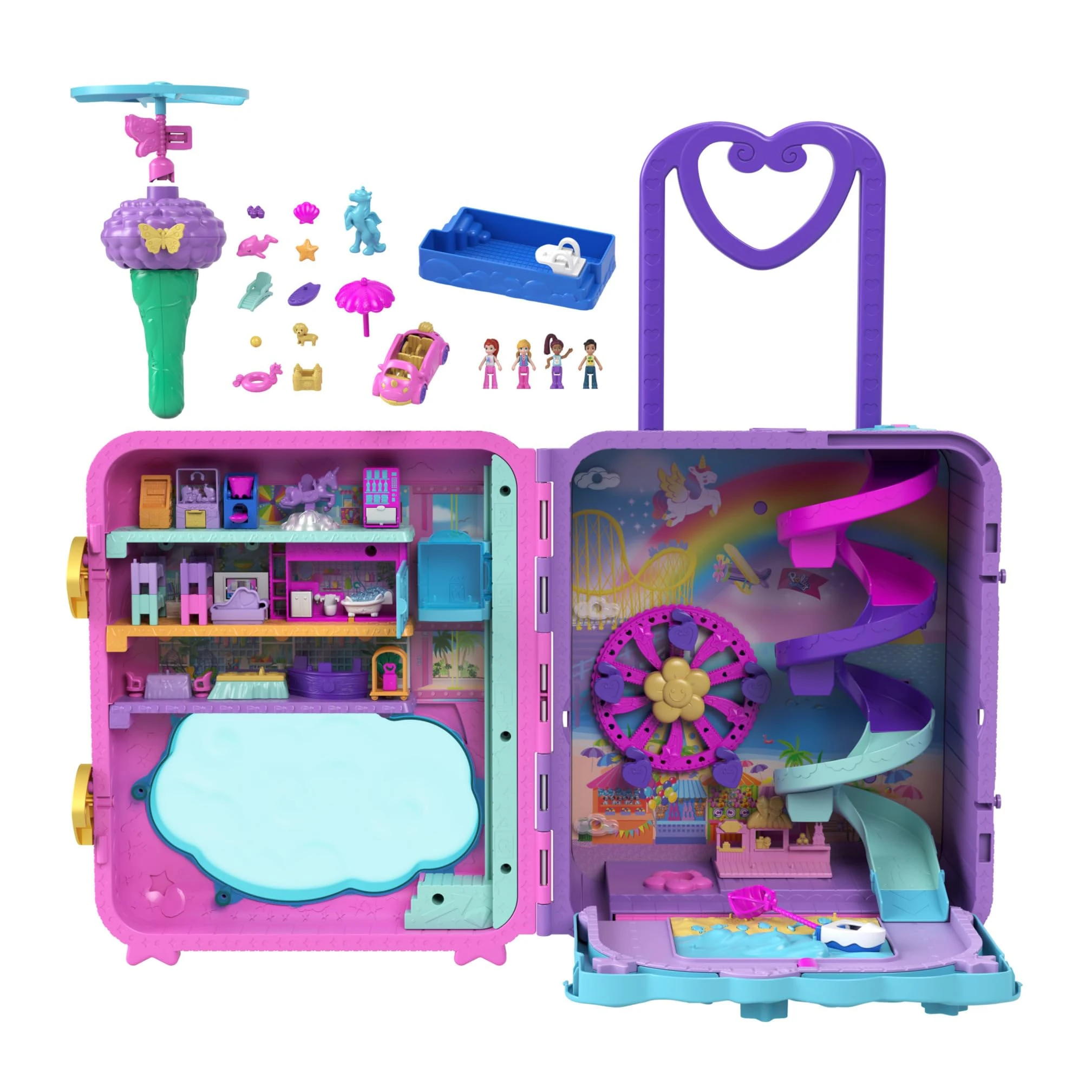 Polly Pocket Pollyville, Resort Roll Away Playset with Rolling Wheels, 5 Play Areas, 4 Dolls, 1 Vehicle, 30 Toy Accessories, Toys for Ages 4 and Up, HKV43