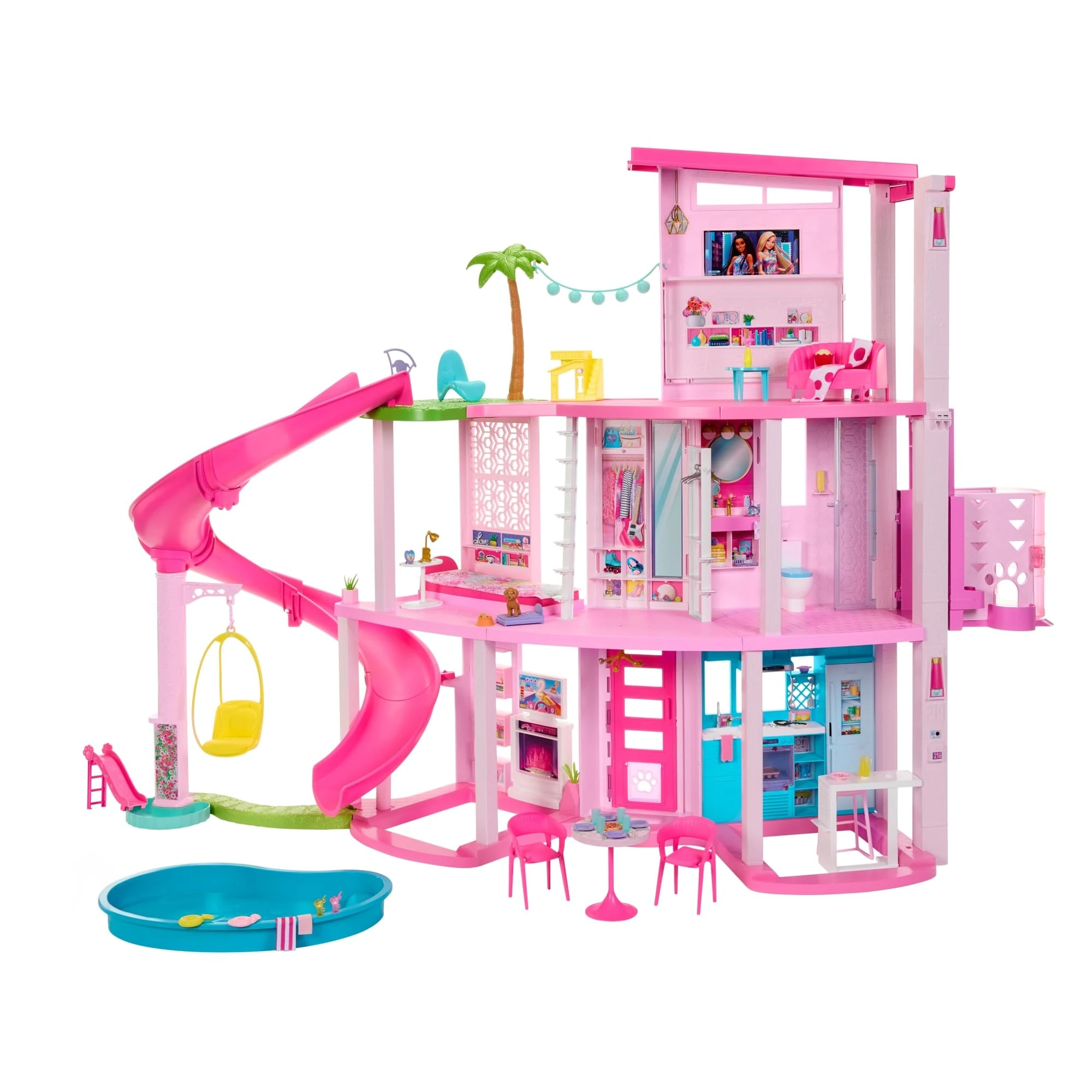Barbie Dreamhouse, 3-Storey House with 10 Play Areas Including Pool, Slide, Elevator, 75 Doll Accessories, Toy Puppy, Adult Assembly Required, Toys for Ages 3 and Up, One Toy House, HMX10