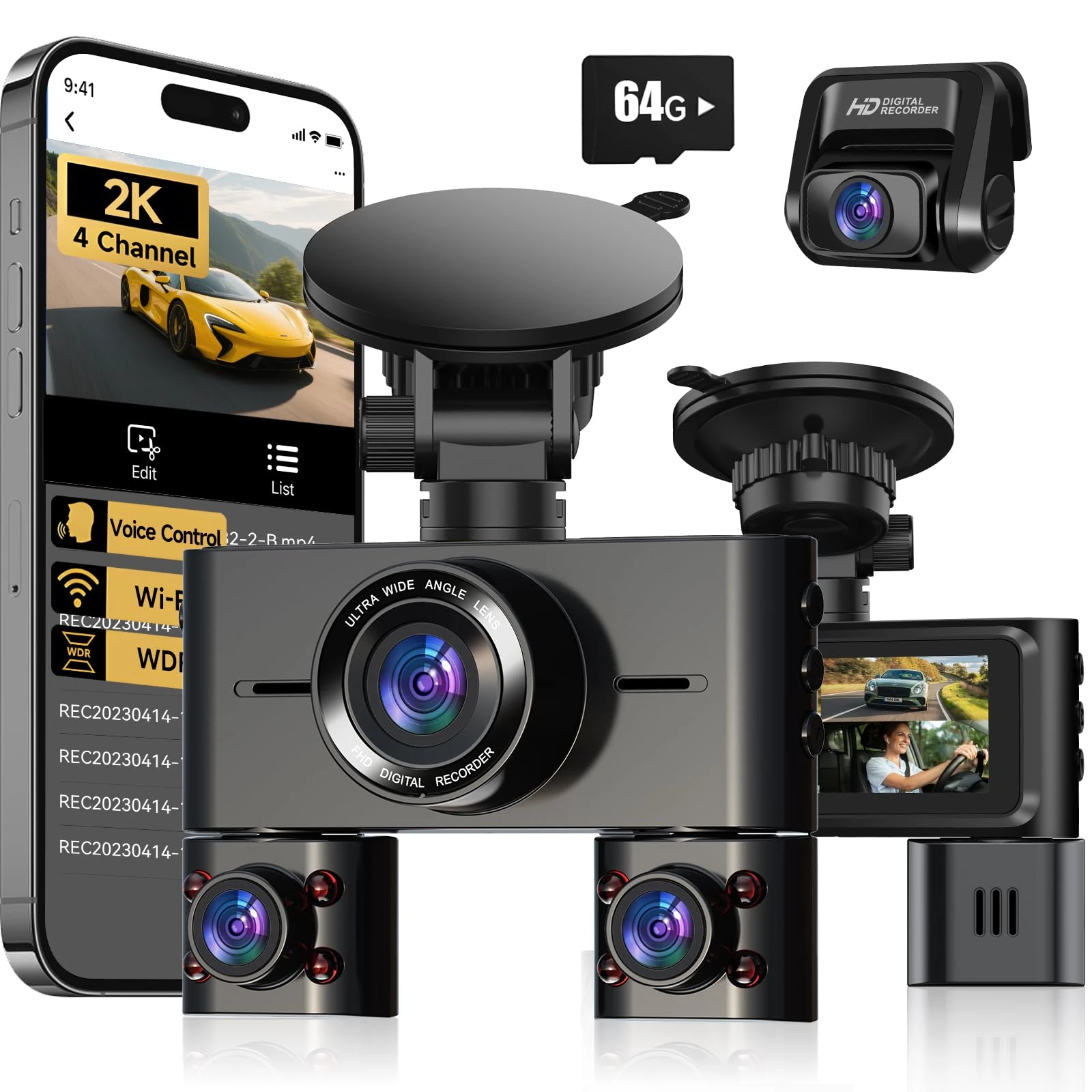 HUPEJOS V7 360° Dash Cam, 4 Channel Quad Camera FHD 1080P*4 Front, Left, Right, and Rear with WiFi, Adjustable Lens Dash Camera for Cars with Night Vision (V7-WYK-200)