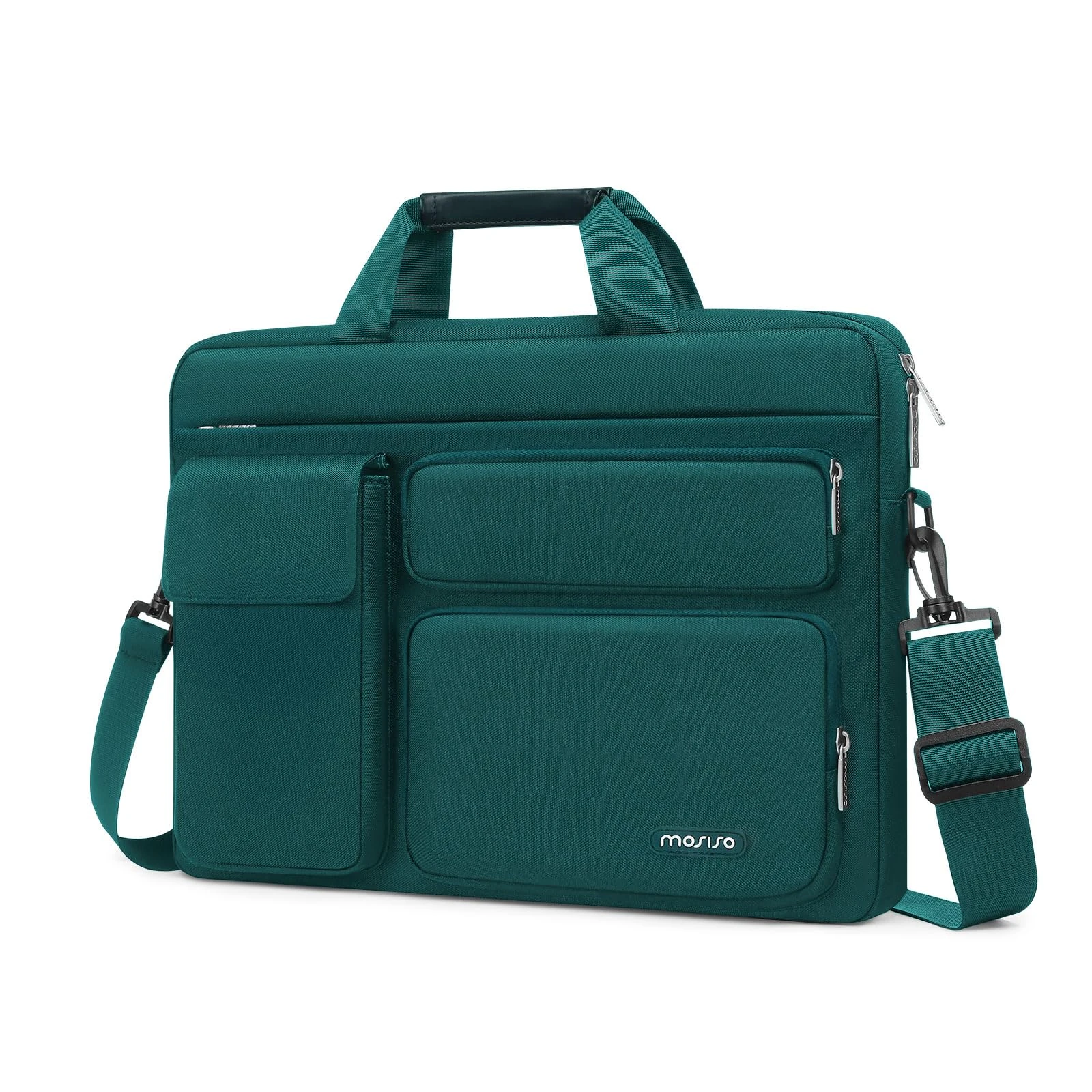MOSISO Laptop Bag 13.3 inch, 13-13.3 inch Computer Shoulder Bag Compatible with MacBook Air/Pro 13/Pro 14, HP Dell ASUS Notebook &2 Raised&1 Flapover&1 Horizontal Pocket&Handle&Belt, Teal Green