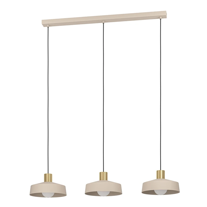 Eglo Pendant Lighting Valdiola, 3 lamp Ceiling Light Fitting, Hanging for Dining and Living Room Made of Metal in Sand Colour Brushed Brass Finish, E27 Socket