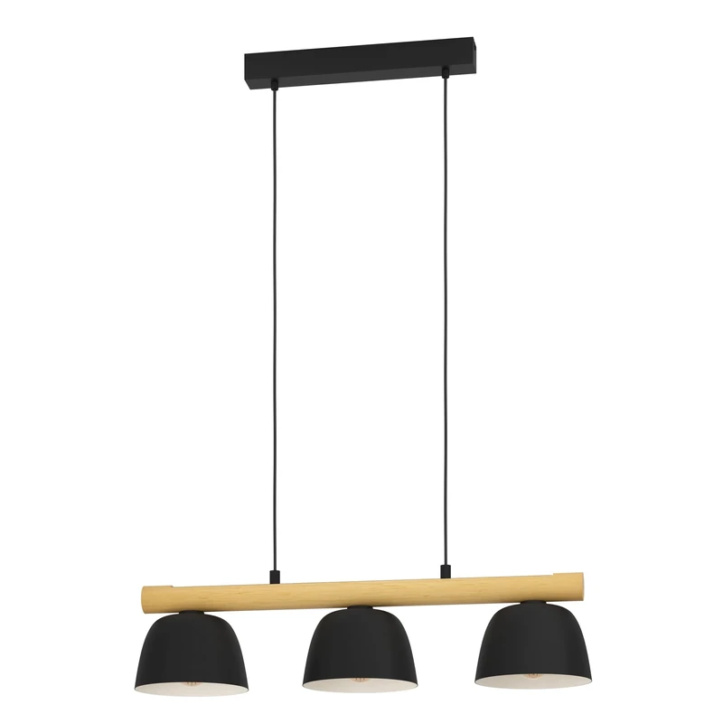 Eglo Pendant Lighting Sherburn, Ceiling Light Fitting with 3 Shades, FSC100HB, Hanging lamp for Dining and Living Room, Black Metal and Natural Wood, E27 Socket