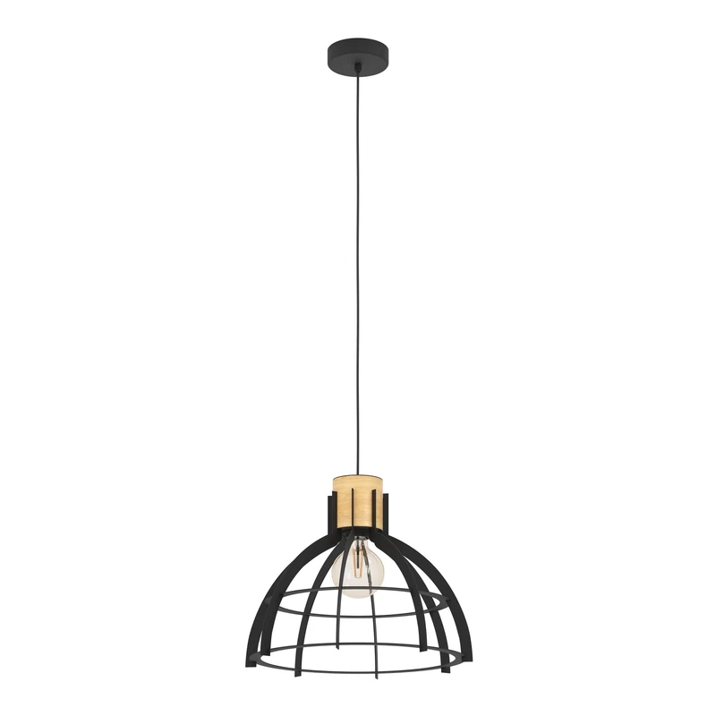 Eglo Pendant Lighting Stillington, Ceiling Light Fitting, Hanging lamp for Dining and Living Room Made of Black Metal Natural-Coloured Wood, E27 Socket