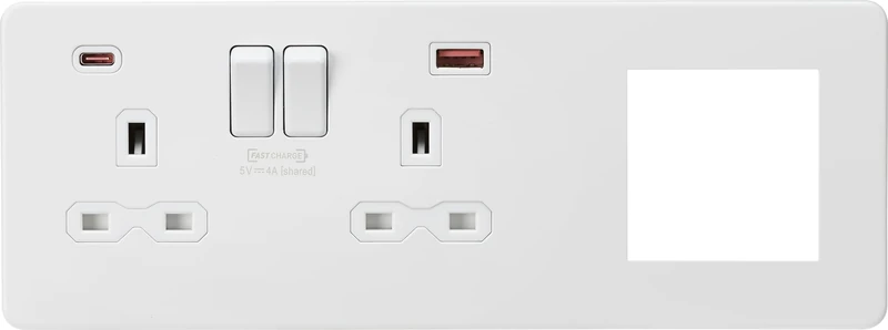 Knightsbridge Screwless 13A 2G DP Socket with USB Fastcharge + 2G Modular Combination Plate - Matt White