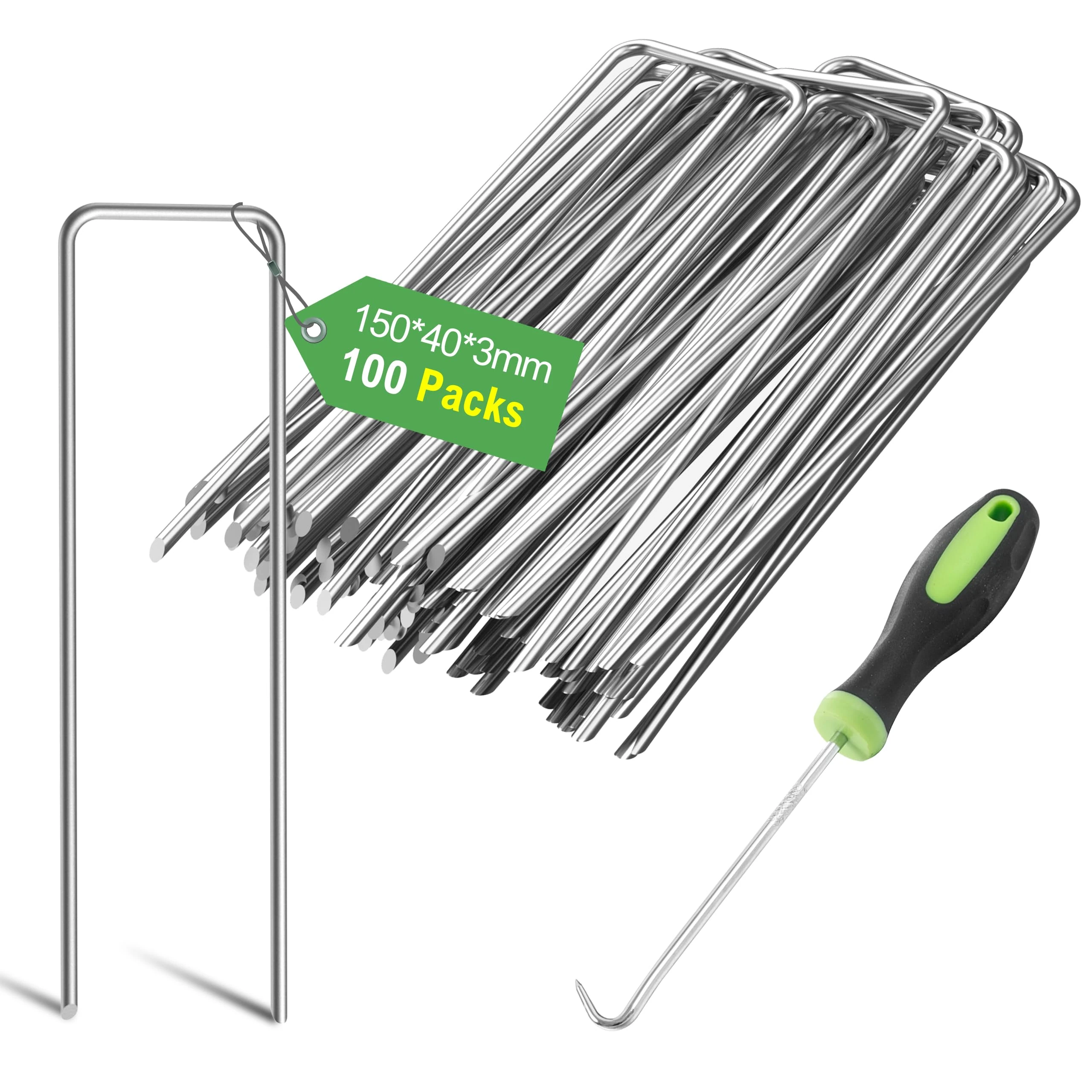 Graxury 100Packs 6 Inch 11 Gauge Heavy Duty Garden Pins Stakes - Galvanized Steel Staples Securing Pegs for Securing Anchoring Weed Fabric Landscape,Netting and Tubing with 1 Pick Hook