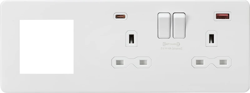 Knightsbridge Screwless 13A 2G DP Socket with USB Fastcharge + 2G Modular Combination Plate - Matt White