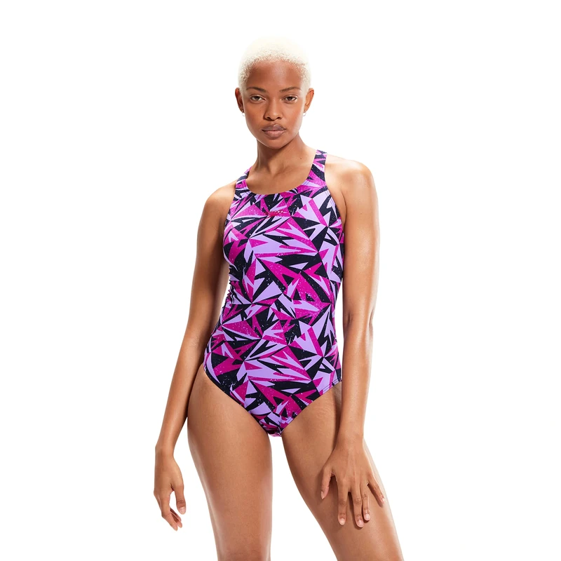 Speedo Women's Hyperboom Allover Medalist Swimsuit,Quick Drying, Fitness, Chlorine Resistant, True Navy/Berry/Miami Lilac, 36