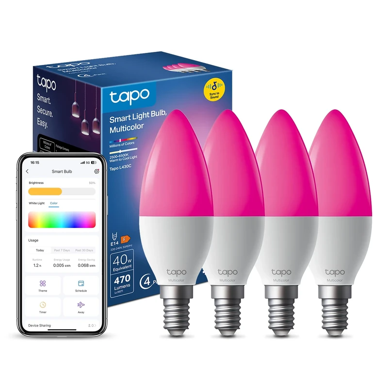 Tapo L430C(4-Pack) Smart Bulb, Alexa Light Bulbs, E14, LED Light Bulb, 470 Max Lumens, Dimmable, Colour Changing Light Bulb, Auto Biorhythm,Music Sync,Voice/APP Control,Schedule & Timer