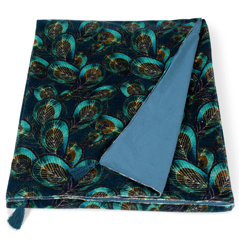 Ragged Rose 140 cm x 180 cm Throw Blanket - Pom Pom Throw Made of Cotton Velvet with Pompom Trims on Sides - Versatile Cotton Velvet Blanket for Sofa & Bed