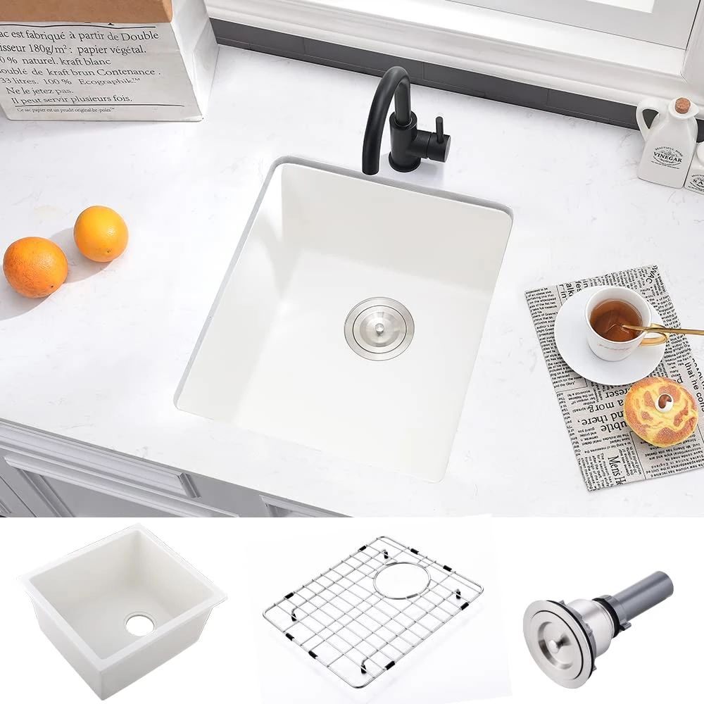 17 Inch Bar Sink Undermount-VASOYO 17x19 Undermount Bar Sink Mini Wet Bar White Quartz Composite Kitchen Rv Sinks Single Bowl Outdoor Island Basin