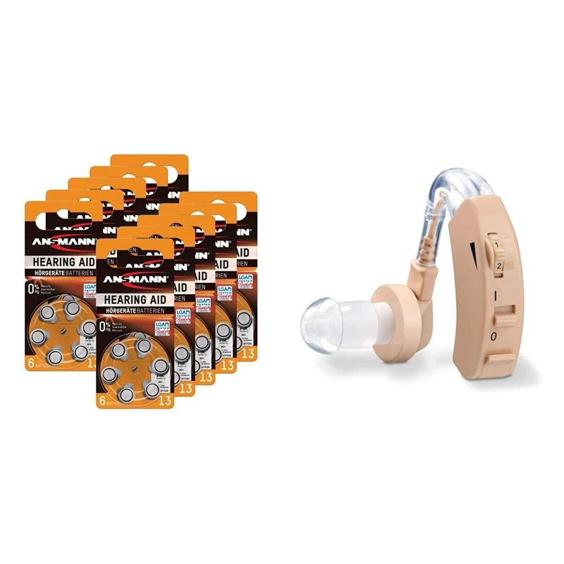 ANSMANN Hearing Aid Batteries [Pack of 60 Cells] Size 13 Orange Zinc Air Hearing-Aid Suitable For Hearing Aids, Hearing Aids Sound Amplifier - 1.45V Mercury Free & Beurer HA20 Hearing Amplifier