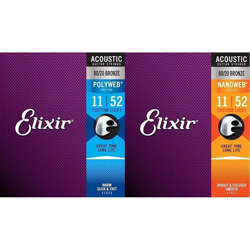 Elixir 11025 Strings 80/20 Bronze Acoustic Guitar Strings w POLYWEB Coating, Custom Light (.011-.052) & 11027 Strings 80/20 Bronze Acoustic Guitar Strings w NANOWEB Coating, Custom Light (.011-.052)