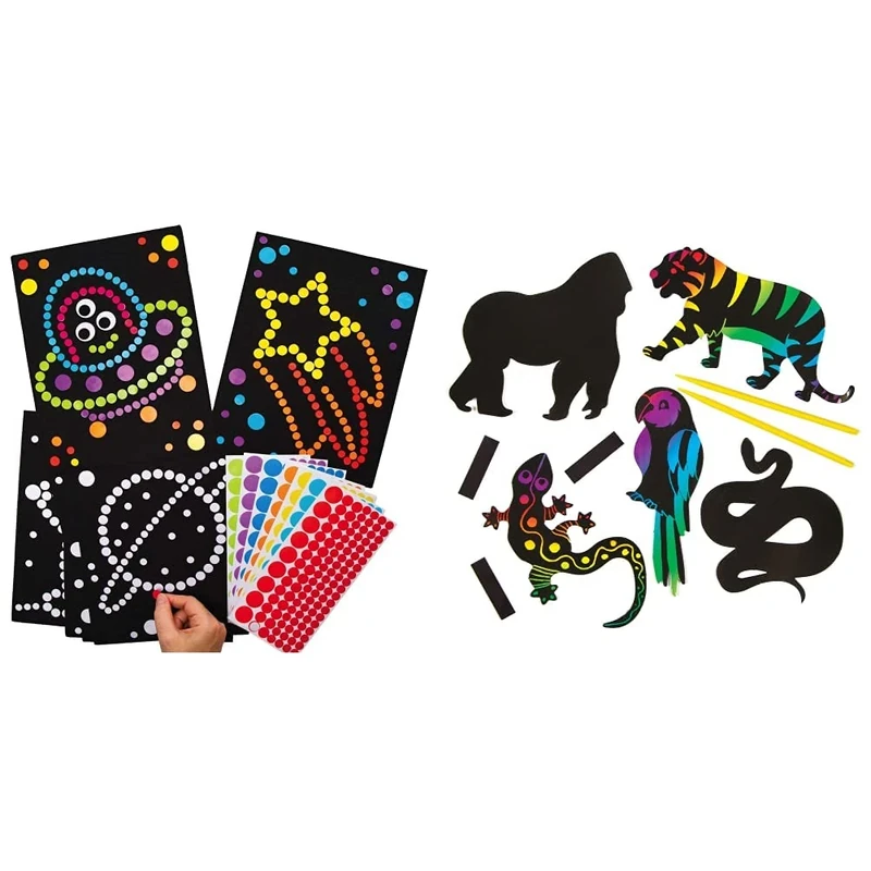 Baker Ross AX175 Solar System Sticker Art for Kids - Pack of 8, Dotty Picture Kits for Children to Decorate and Personalise for Projects and Craft Activities & AG801 Jungle Animal Scratch Art Magnets